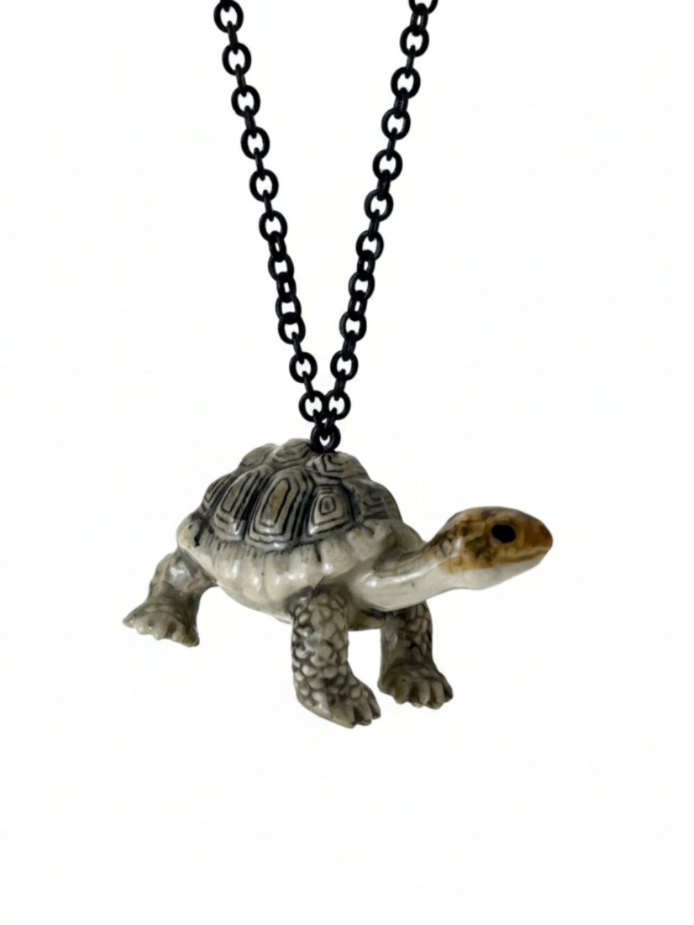 Handmade Miniature Ceramic Turtle Pendant Necklace 24" Black Rolo Chain